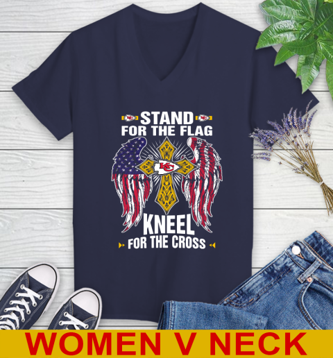 NFL Football Kansas City Chiefs Stand For Flag Kneel For The Cross Shirt Women's V-Neck T-Shirt - Image 13