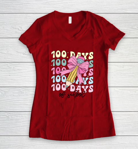 100 Days of School Girls Coquette Bow 100th Day of School Women's V-Neck T-Shirt 5