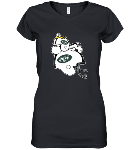 Snoopy And Woodstock Resting On New York Jets Helmet Women's V-Neck T-Shirt