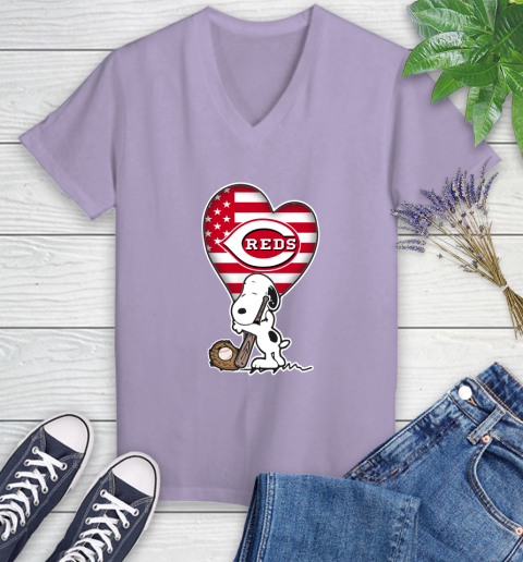 Cincinnati Reds MLB Baseball The Peanuts Movie Adorable Snoopy Women's V-Neck T-Shirt 14