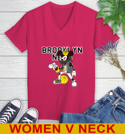 Brooklyn Nets NBA Basketball Mickey Peace Sign Sports Women's V-Neck T-Shirt 10