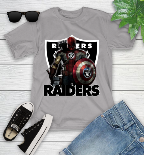 NFL Captain America Thor Spider Man Hawkeye Avengers Endgame Football Oakland Raiders Youth T-Shirt 4