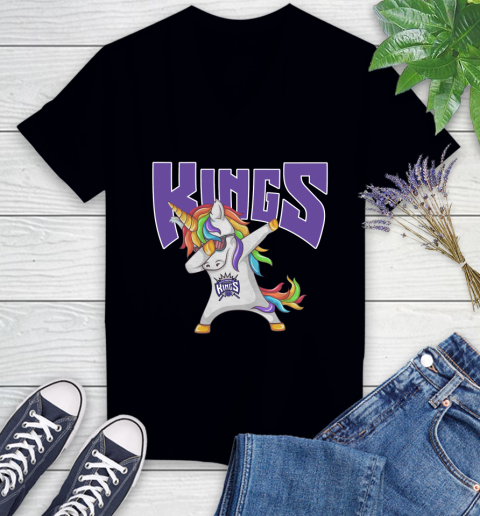 Sacramento Kings NBA Basketball Funny Unicorn Dabbing Sports Women's V-Neck T-Shirt 2