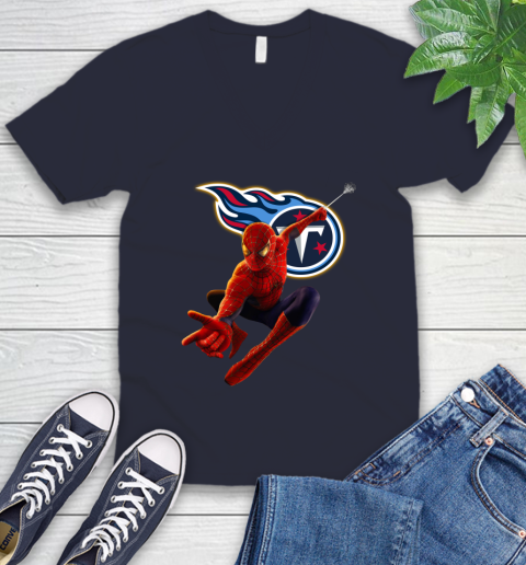 NFL Spider Man Avengers Endgame Football Tennessee Titans V-Neck T-Shirt 4 NFL Spider Man Avengers Endgame Football Tennessee Titans V-Neck T-Shirt - Image 4