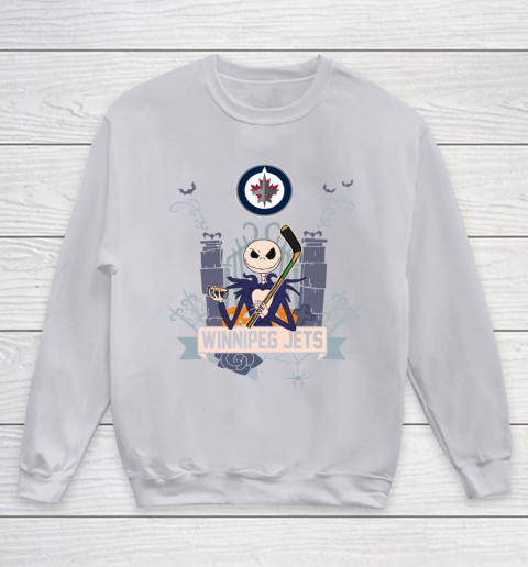 NHL Winnipeg Jets Hockey Jack Skellington Halloween Youth Sweatshirt 3