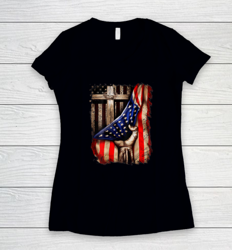 Christian Gift For Men Women Proud American Flag Patriotic Women's V-Neck T-Shirt