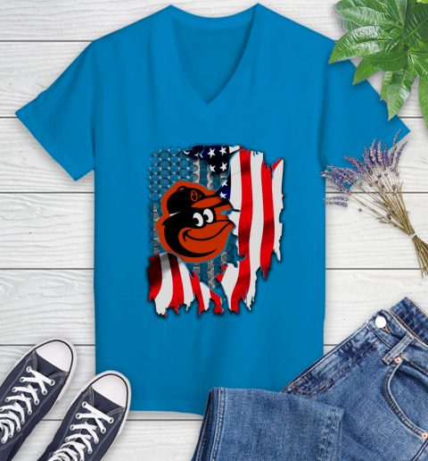 Baltimore Orioles MLB Baseball American Flag Women's V-Neck T-Shirt 7