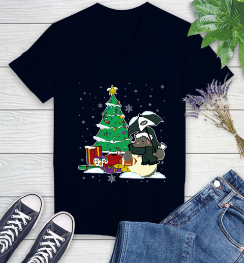 New York Jets NFL Football Cute Tonari No Totoro Christmas Sports Women's V-Neck T-Shirt 2