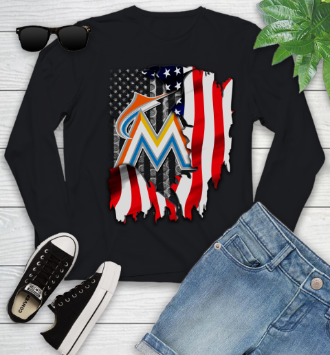 Miami Marlins MLB Baseball American Flag Youth Long Sleeve