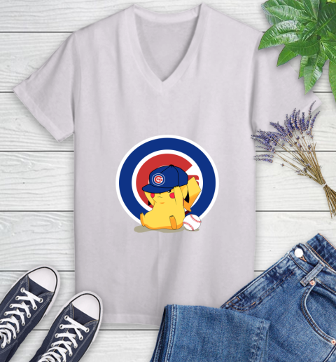 MLB Pikachu Baseball Sports Chicago Cubs Women's V-Neck T-Shirt