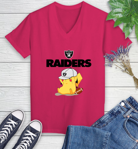 NFL Pikachu Football Sports Oakland Raiders Women's V-Neck T-Shirt 9