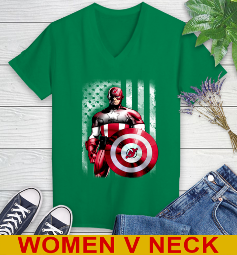 New Jersey Devils NHL Hockey Captain America Marvel Avengers American Flag Shirt Women's V-Neck T-Shirt - Image 6