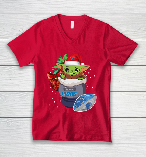 Detroit Lions Christmas Baby Yoda Star Wars Funny Happy NFL V-Neck T-Shirt 7
