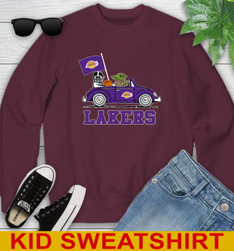 NBA Basketball Los Angeles Lakers Darth Vader Baby Yoda Driving Star Wars Shirt Youth Sweatshirt 5