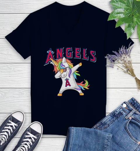 Los Angeles Angels MLB Baseball Funny Unicorn Dabbing Sports Women's V-Neck T-Shirt 3