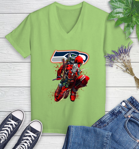 NFL Deadpool Marvel Comics Sports Football Seattle Seahawks Women's V-Neck T-Shirt 11