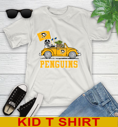 NHL Hockey Pittsburgh Penguins Darth Vader Baby Yoda Driving Star Wars Shirt Youth T-Shirt 12