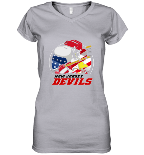 New Jersey Devils Ice Hockey Snoopy And Woodstock NHL Women's V-Neck T-Shirt