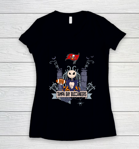 NFL Tampa Bay Buccaneers Football Jack Skellington Halloween Women's V-Neck T-Shirt