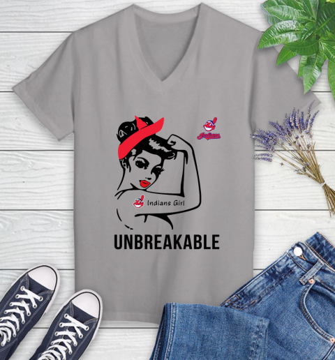 MLB Cleveland Indians Girl Unbreakable Baseball Sports Women's V-Neck T-Shirt 2