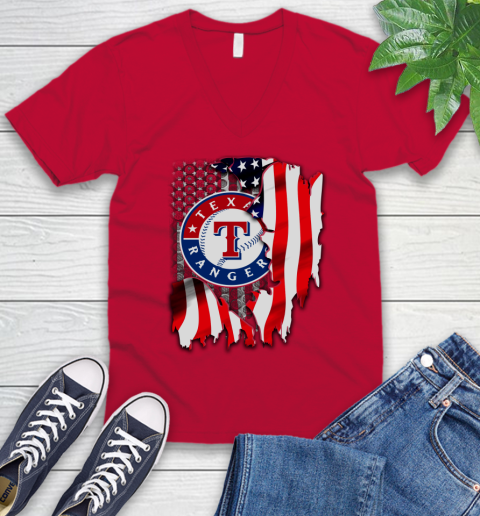 Texas Rangers MLB Baseball American Flag V-Neck T-Shirt 6