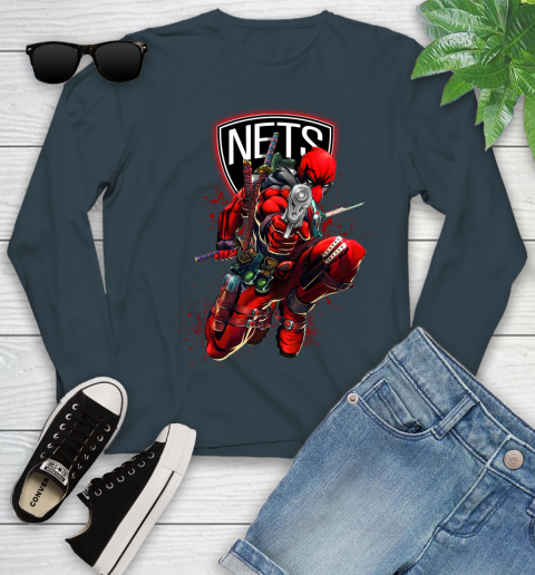 NBA Deadpool Marvel Comics Sports Basketball Brooklyn Nets Youth Long Sleeve 8