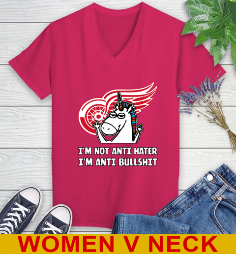 Detroit Red Wings NHL Hockey Unicorn I'm Not Anti Hater I'm Anti Bullshit Women's V-Neck T-Shirt 10
