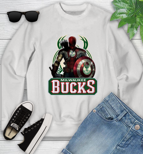 Milwaukee Bucks NBA Basketball Captain America Thor Spider Man Hawkeye Avengers Youth Sweatshirt