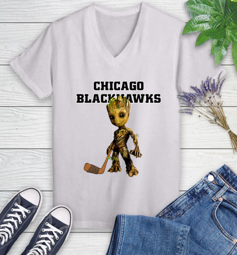 Chicago Blackhawks NHL Hockey Groot Marvel Guardians Of The Galaxy Women's V-Neck T-Shirt
