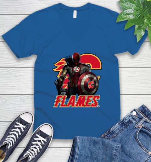 NHL Captain America Thor Spider Man Hawkeye Avengers Endgame Hockey Calgary Flames V-Neck T-Shirt 6