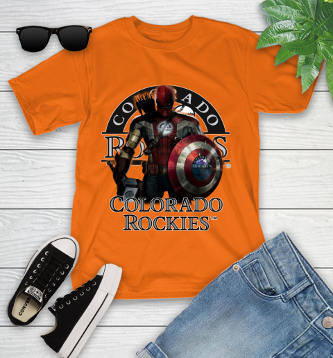 MLB Captain America Thor Spider Man Hawkeye Avengers Endgame Baseball Colorado Rockies Youth T-Shirt 7