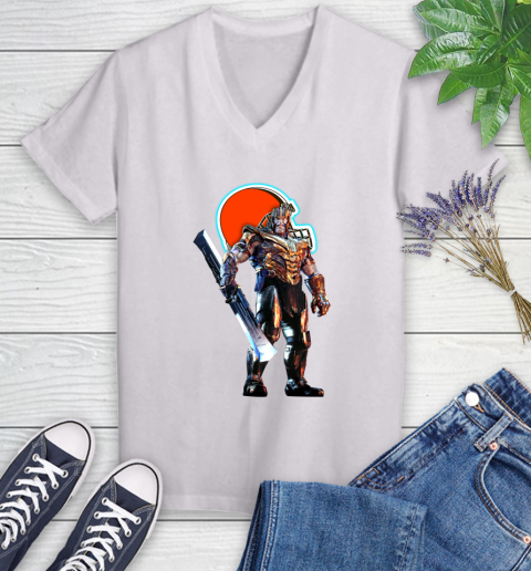 NFL Thanos Gauntlet Avengers Endgame Football Cleveland Browns Women's V-Neck T-Shirt