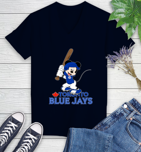 MLB Baseball Toronto Blue Jays Cheerful Mickey Mouse Shirt Women's V-Neck T-Shirt 3