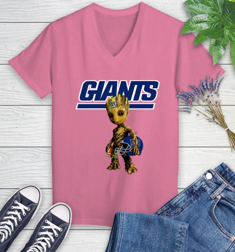 New York Giants NFL Football Groot Marvel Guardians Of The Galaxy Women's V-Neck T-Shirt 13