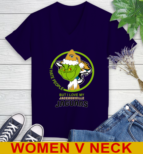 Jacksonville Jaguars NFL Christmas Grinch I Hate People But I Love My Favorite Football Team Women's V-Neck T-Shirt 4