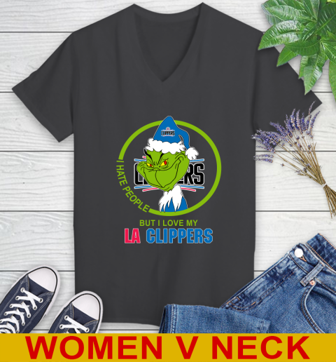 LA Clippers NBA Christmas Grinch I Hate People But I Love My Favorite Basketball Team Women's V-Neck T-Shirt 9