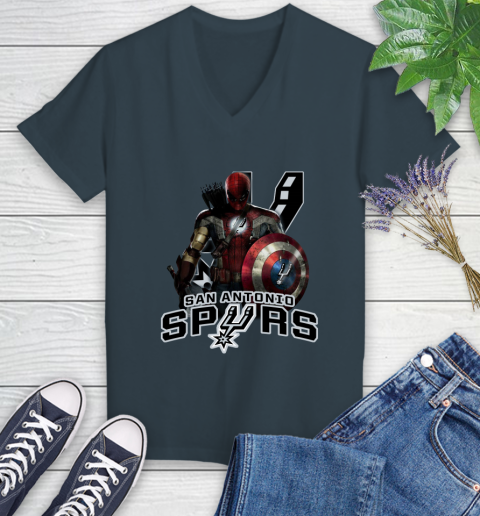 San Antonio Spurs NBA Basketball Captain America Thor Spider Man Hawkeye Avengers Women's V-Neck T-Shirt 8