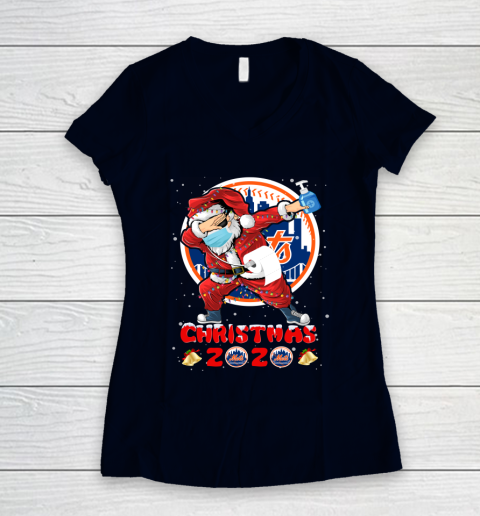 New York Mets Funny Santa Claus Dabbing Christmas 2020 MLB Women's V-Neck T-Shirt 2