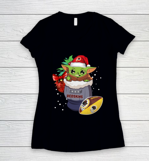 Washington Redskins Christmas Baby Yoda Star Wars Funny Happy NFL Women's V-Neck T-Shirt
