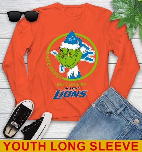 Detroit Lions NFL Christmas Grinch I Hate People But I Love My Favorite Football Team Youth Long Sleeve 4