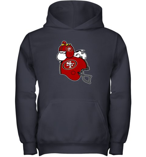 qp9o snoopy and woodstock resting on san francisco 49ers helmet youth hoodie 43 front navy