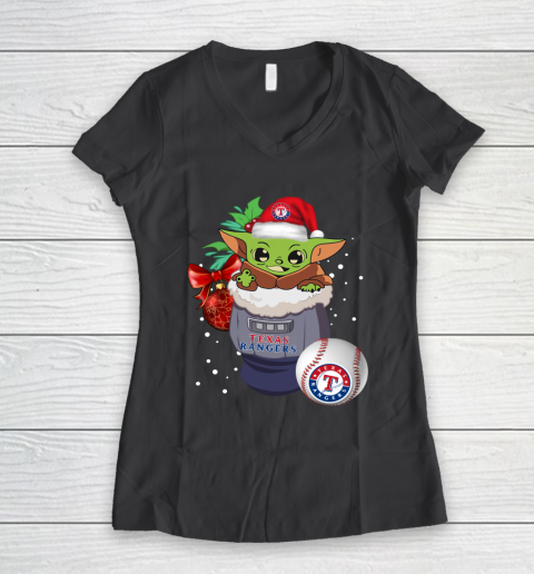 Texas Rangers Christmas Baby Yoda Star Wars Funny Happy MLB Women's V-Neck T-Shirt 8