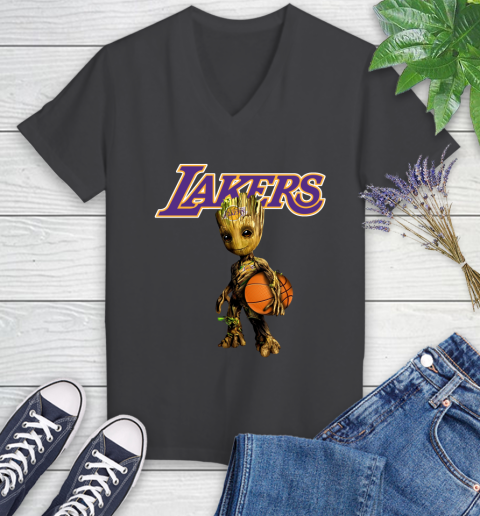 Los Angeles Lakers NBA Basketball Groot Marvel Guardians Of The Galaxy Women's V-Neck T-Shirt 8