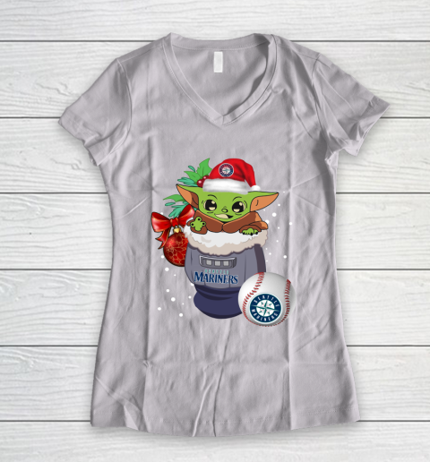 Seattle Mariners Christmas Baby Yoda Star Wars Funny Happy MLB Women's V-Neck T-Shirt 2