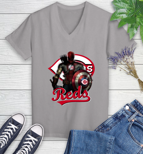 MLB Captain America Thor Spider Man Hawkeye Avengers Endgame Baseball Cincinnati Reds Women's V-Neck T-Shirt 4