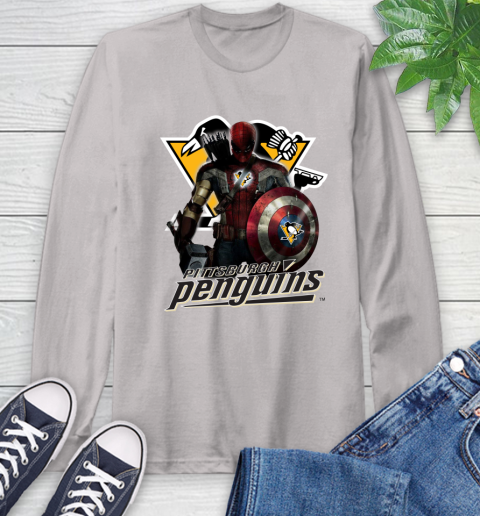 NHL Captain America Thor Spider Man Hawkeye Avengers Endgame Hockey Pittsburgh Penguins Long Sleeve T-Shirt 12