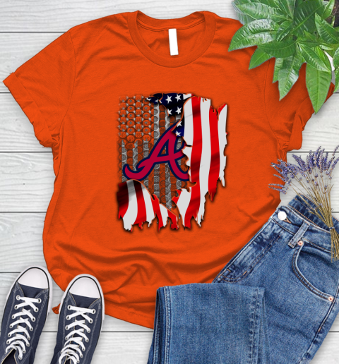 Atlanta Braves MLB Baseball American Flag Women's T-Shirt 3