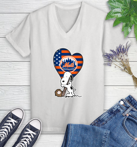 New York Mets MLB Baseball The Peanuts Movie Adorable Snoopy Women's V-Neck T-Shirt