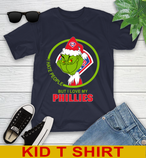 Philadelphia Phillies MLB Christmas Grinch I Hate People But I Love My Favorite Baseball Team Youth T-Shirt 3