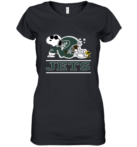 The New York Jets Joe Cool And Woodstock Snoopy Mashup Women's V-Neck T-Shirt